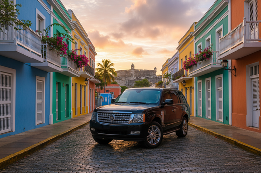 Luxury SUV on blue cobblestone street in Old San Juan Puerto Rico