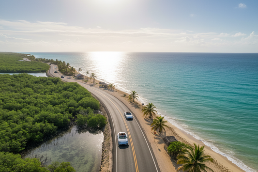 Scenic coastal road in Piñones Puerto Rico with mangroves and Caribbean sea