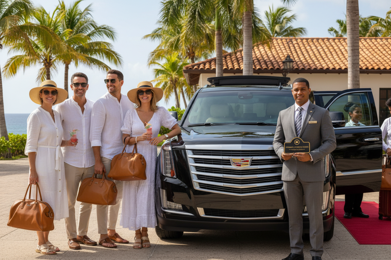 Happy group with professional chauffeur in front of luxury SUV in Puerto Rico